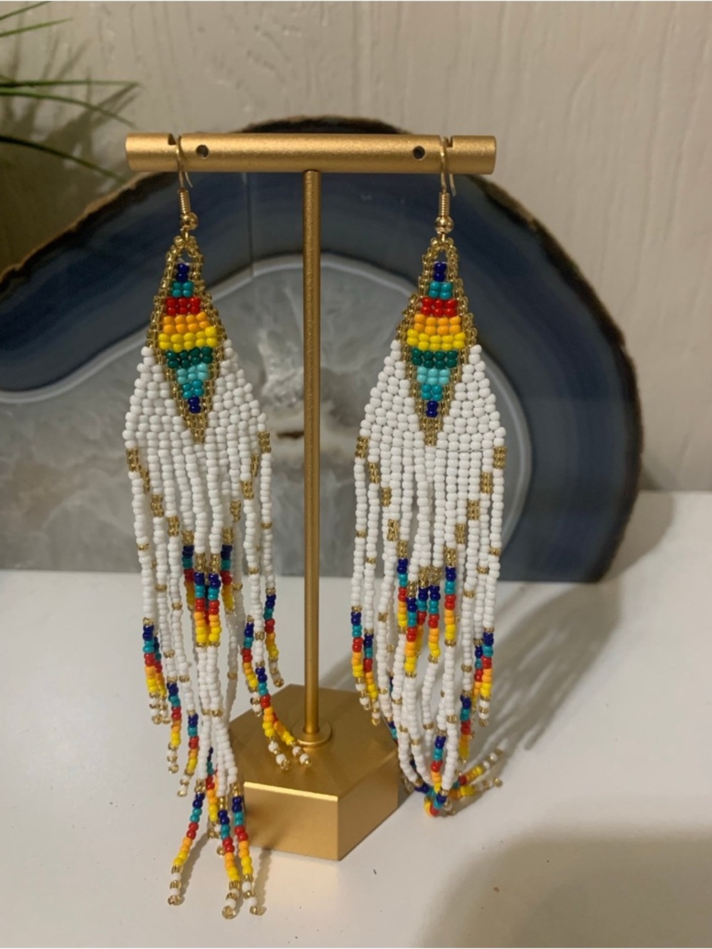 White Multicolor Beaded Fringe Earrings - Gold Accent